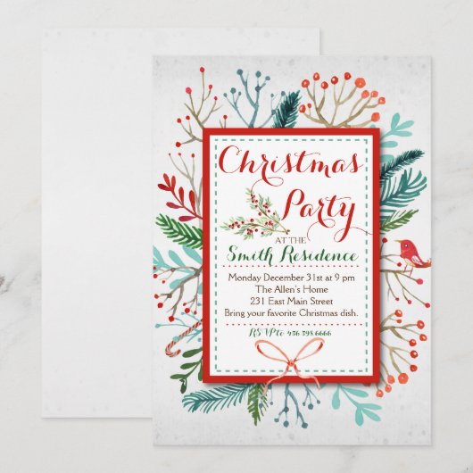 Waterverf Bloemen Kerstfeest Uitnodiging (Voorkant / Achterkant)