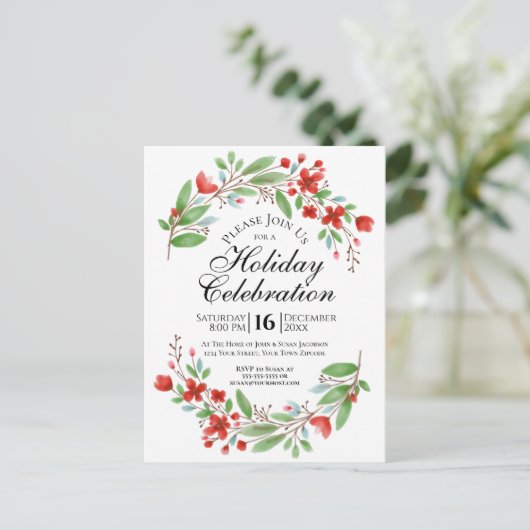 Waterverf Bloemen  Kerstfeest Uitnodiging Briefkaart (Staand voorkant)