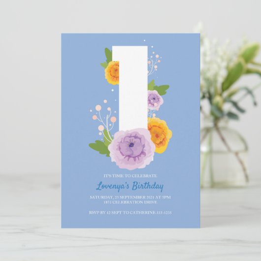 Waterverf Bloemen  Kinder 1e Verjaardagsfeest Save The Date (Staand voorkant)