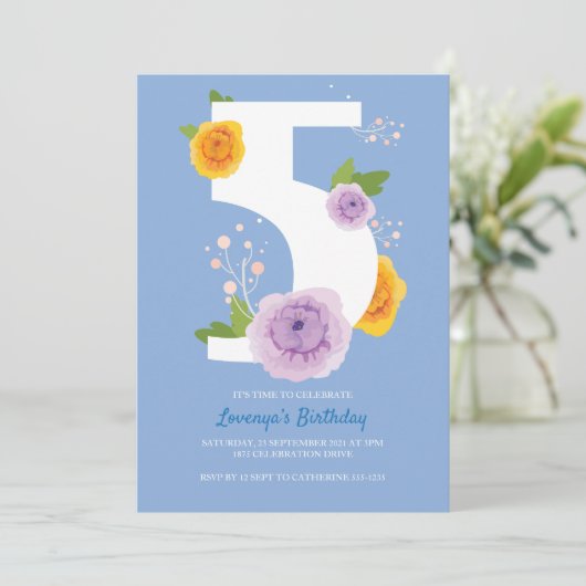  Waterverf Bloemen Kinder 5e Verjaardag Party Save The Date (Staand voorkant)