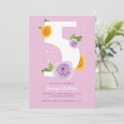  Waterverf Bloemen Kinder 5e Verjaardag Party Save The Date (Staand voorkant)