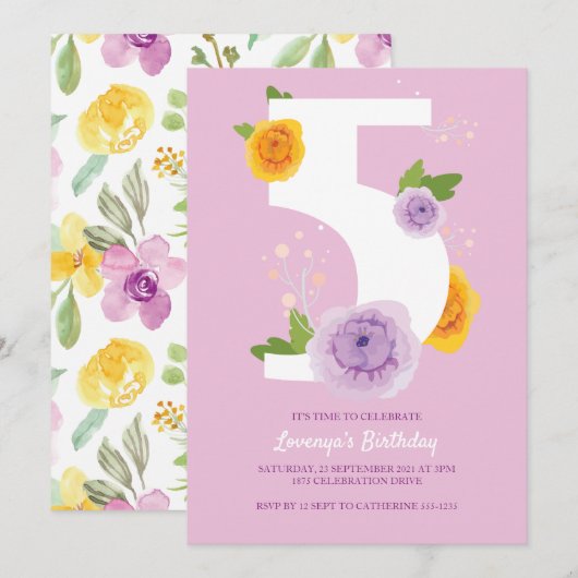  Waterverf Bloemen Kinder 5e Verjaardag Party Save The Date (Voorkant / Achterkant)