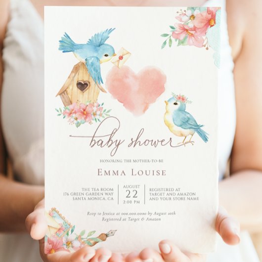 Waterverf Bloemen Kleine Vogels Meisje Baby shower Kaart