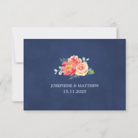 Waterverf Bloemen Koraal Navy Foliage Bruiloft RSVP Kaartje (Achterkant)