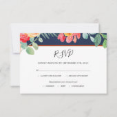 Waterverf Bloemen Koraal Navy Foliage Trouwmaaltij RSVP Kaartje (Voorkant)