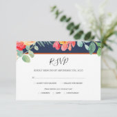 Waterverf Bloemen Koraal Navy Foliage Trouwmaaltij RSVP Kaartje (Staand voorkant)