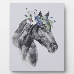 Waterverf Bloemen Kroon Zwarte Paard Portret Fotoplaat