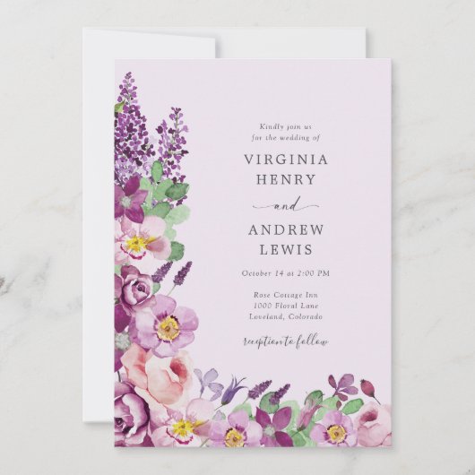 Waterverf Bloemen Lavendel Bruiloft Kaart (Voorkant)