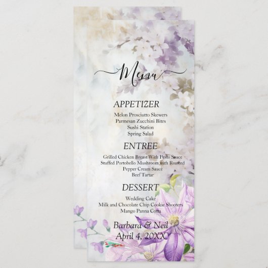 Waterverf Bloemen Lavendel Wedding Menu (Voorkant / Achterkant)