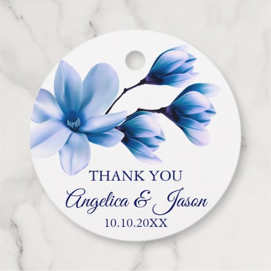 Waterverf Bloemen Licht Blauw Navy Wit Bruiloft Bedankjes Labels (Achterkant)