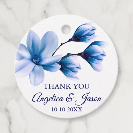 Waterverf Bloemen Licht Blauw Navy Wit Bruiloft Bedankjes Labels (Voorkant)