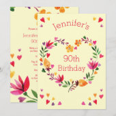 Waterverf Bloemen Liefde Hart Krans 90ste Verjaard Kaart (Voorkant / Achterkant)