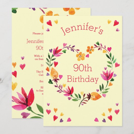 Waterverf Bloemen Liefde Hart Krans 90ste Verjaard Kaart (Voorkant / Achterkant)