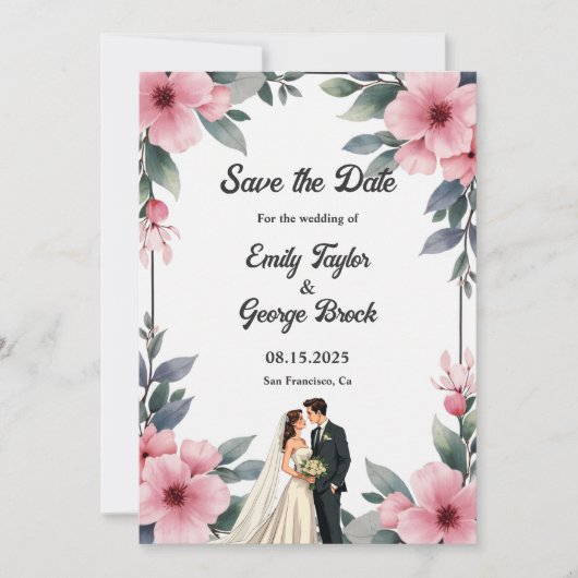 Waterverf Bloemen Lijst Bruid en bruidegom bruilof Save The Date (Voorkant)