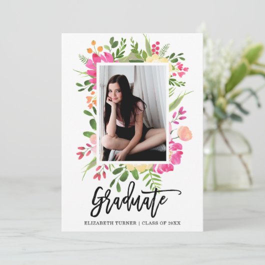 Waterverf Bloemen Lijst Fotoscript Afstuderen Kaart (Staand voorkant)