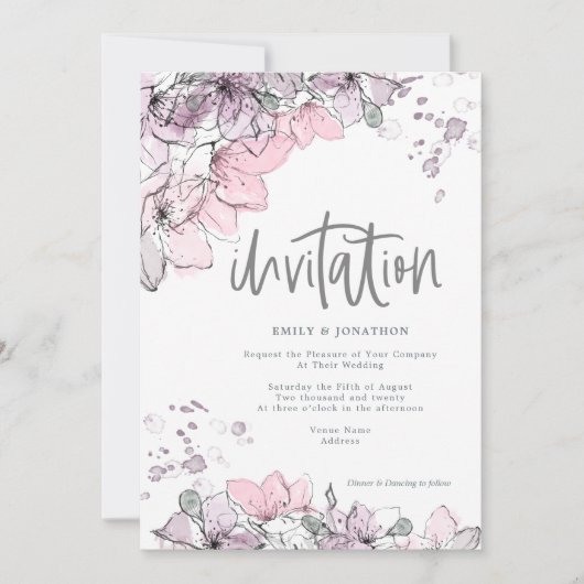 Waterverf Bloemen Lila Roze Splash Script Wedding Kaart (Voorkant)