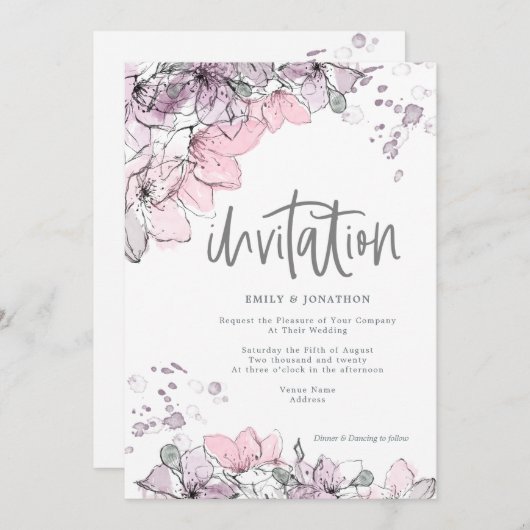 Waterverf Bloemen Lila Roze Splash Script Wedding Kaart (Voorkant / Achterkant)