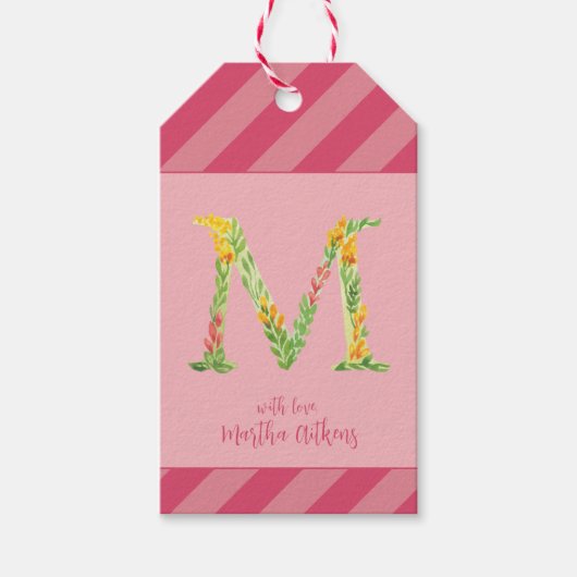 Waterverf Bloemen 'M' Monogram Favoriet Tag Cadeaulabel (Voorkant)