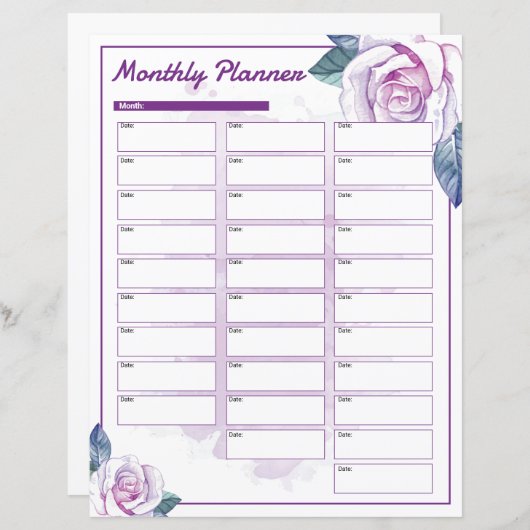 Waterverf Bloemen Maandelijkse Planner Sjabloon (Voorkant / Achterkant)