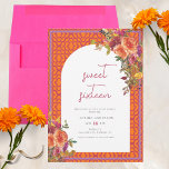 Waterverf Bloemen Magenta Fuchsia Sweet Sixteen Kaart<br><div class="desc">Deze leuke levendige sweet 16-uitnodiging heeft oranje,  roze en paarse accenten. De achtergrond is een geometrisch sinaasappel en magentapatroon met daaroverheen liggende waterverf bloemen,  waaronder rozen en wilde bloemen.</div>