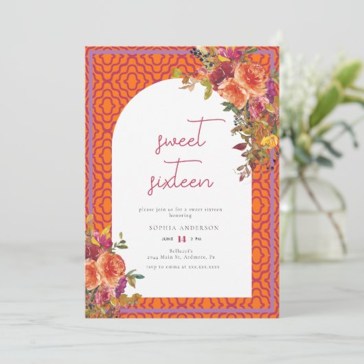 Waterverf Bloemen Magenta Fuchsia Sweet Sixteen Kaart (Staand voorkant)