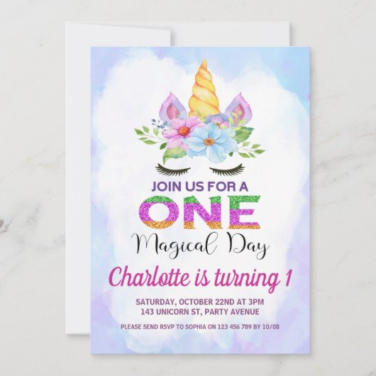 Waterverf Bloemen Magische Eenhoorn 1e Verjaardag Kaart (Voorkant)