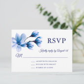 Waterverf Bloemen Magnolia Blauw Navy Bruiloft RSVP Kaartje (Staand voorkant)