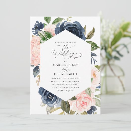 waterverf Bloemen Marine Blauw en Blush bruiloft Kaart (Staand voorkant)