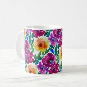 Waterverf Bloemen Maroon Geel Koffiemok