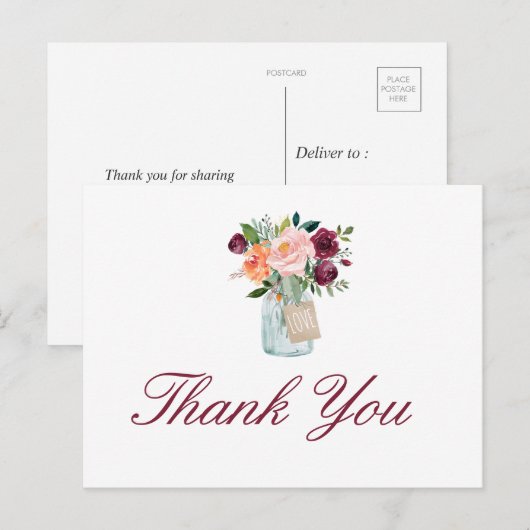 Waterverf bloemen Mason Jar Dank je Briefkaart (Voorkant / Achterkant)