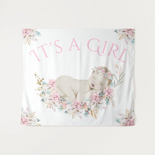 Waterverf Bloemen Meisje Baby shower Achtergrond B Wandkleed (Voorkant (horizontaal))