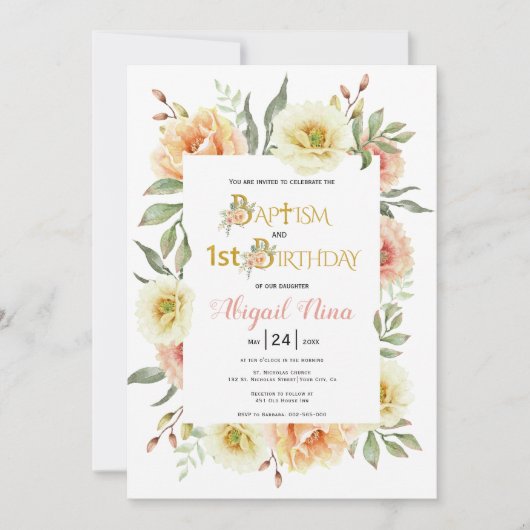 Waterverf Bloemen Meisje Doop en 1e verjaardag Kaart (Voorkant)