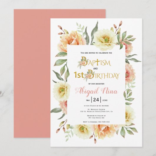 Waterverf Bloemen Meisje Doop en 1e verjaardag Kaart (Voorkant / Achterkant)