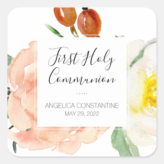 Waterverf Bloemen Meisje Eerste Heilige Communie Vierkante Sticker (Voorkant)