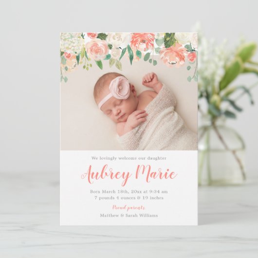 Waterverf Bloemen Meisje Foto Geboorte Aankondigin Aankondiging (Staand voorkant)
