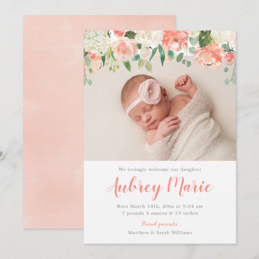 Waterverf Bloemen Meisje Foto Geboorte Aankondigin Aankondiging (Voorkant / Achterkant)