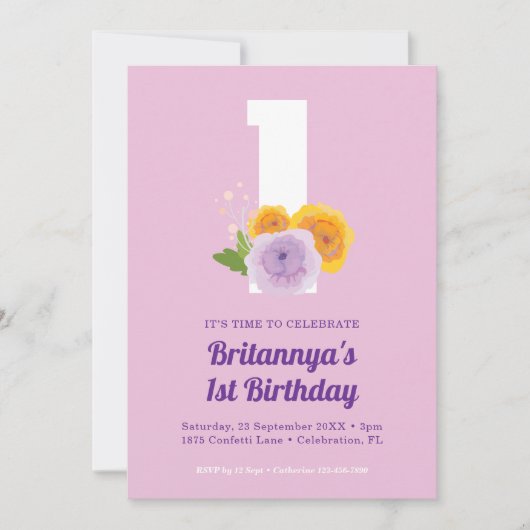 Waterverf Bloemen Meisje's 1e Verjaardag Party Kaart (Voorkant)