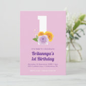 Waterverf Bloemen Meisje's 1e Verjaardag Party Kaart (Staand voorkant)