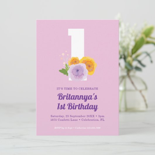 Waterverf Bloemen Meisje's 1e Verjaardag Party Kaart (Staand voorkant)