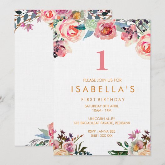 Waterverf Bloemen Meisjes Verjaardagsuitnodiging Kaart (Voorkant / Achterkant)