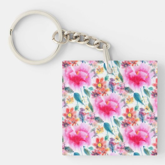 Waterverf bloemen met een donkerkleurige kleur bor sleutelhanger (Voorkant)
