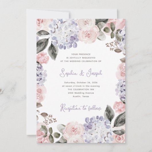 Waterverf Bloemen met Foto en QR Code Bruiloft Kaart (Voorkant)