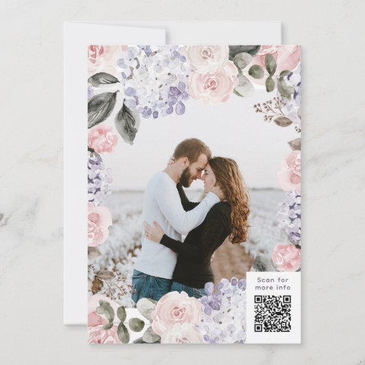 Waterverf Bloemen met Foto en QR Code Bruiloft Kaart (Achterkant)