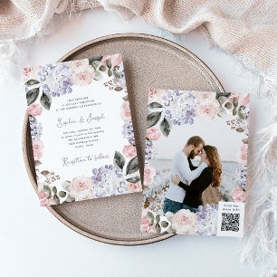 Waterverf Bloemen met Foto en QR Code Bruiloft Kaart