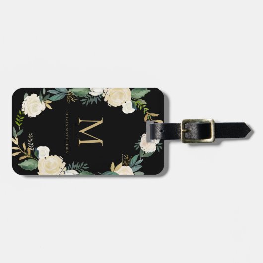 Waterverf bloemen met Gold Foil Monogram Black Bagagelabel (Voorkant horizontaal)