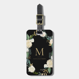 Waterverf bloemen met Gold Foil Monogram Black Bagagelabel