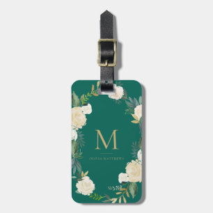 Waterverf bloemen met Gold Foil Monogram Green Bagagelabel