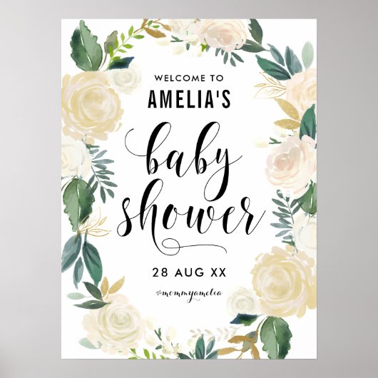 Waterverf bloemen met Gold Glitter Baby shower Poster (Voorkant)