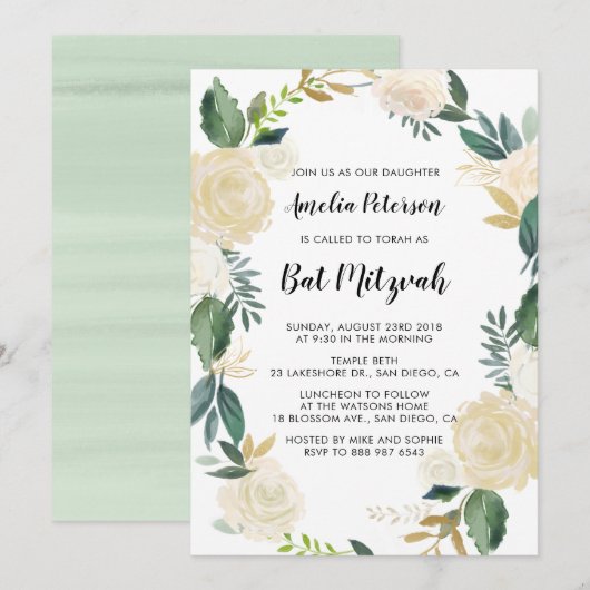 Waterverf Bloemen met Gouden Glitter Bat Mitzvah Kaart (Voorkant / Achterkant)