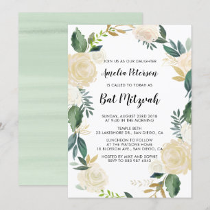 Waterverf Bloemen met Gouden Glitter Bat Mitzvah Kaart